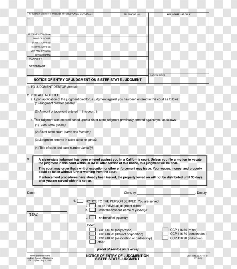 Document Judgment California Template PDF - Text - Debtor Transparent PNG