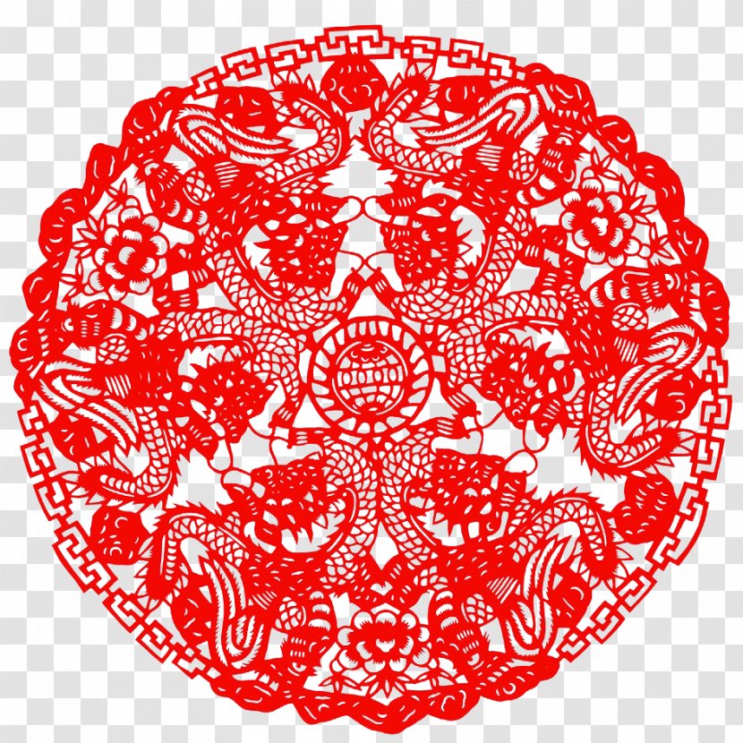 Papercutting Chinese Paper Cutting Dragon New Year - Flower - Four Paper-cut Playing With A Pearl Transparent PNG