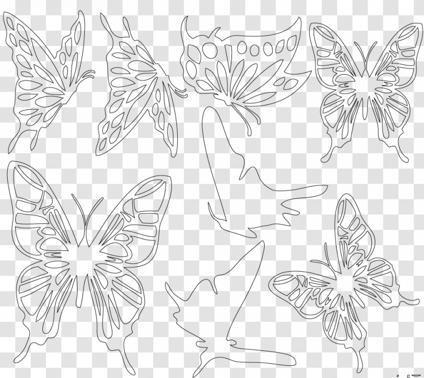 Butterfly White Line Art Black Pattern - Petal - Vector Artwork Transparent PNG