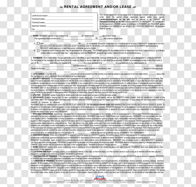 California Rental Agreement Renting Lease Apartment - Paper Transparent PNG