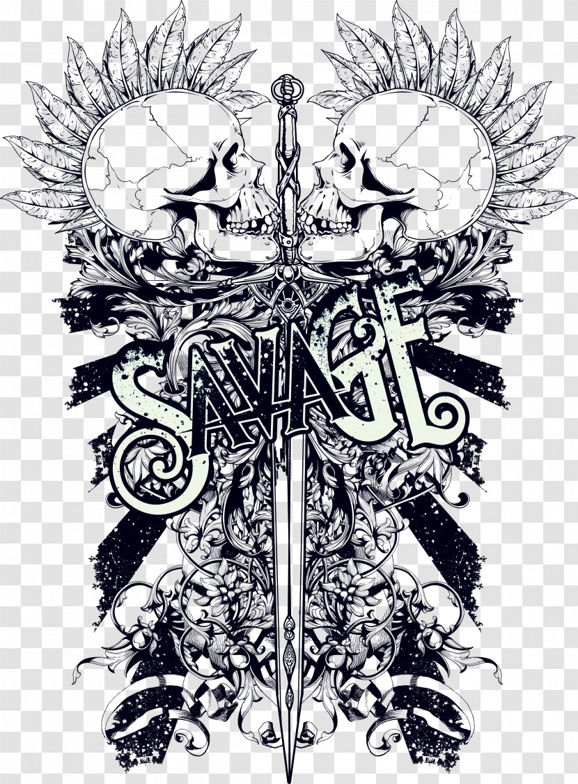 T-shirt Illustration - Monochrome Photography - Two Skull With A Sword Transparent PNG