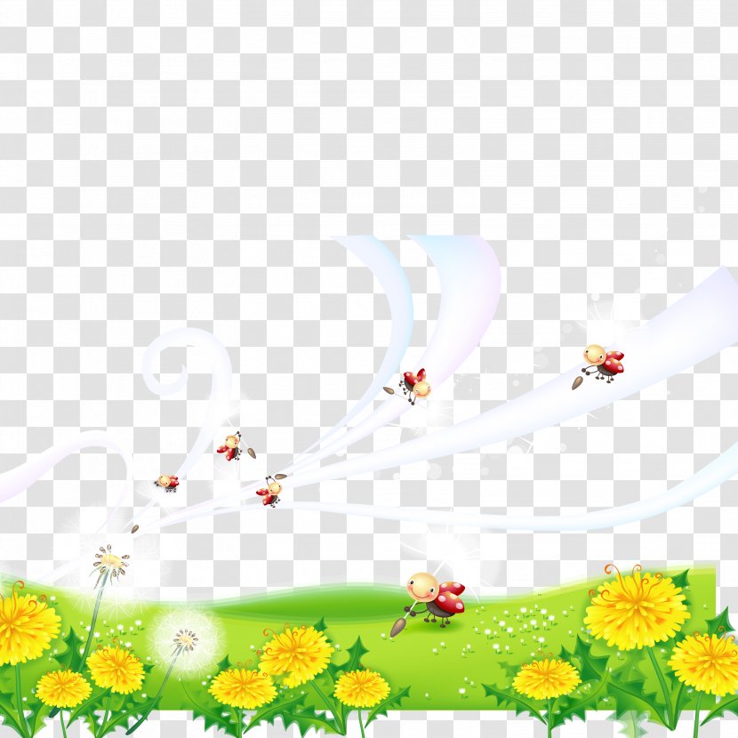 Motif Painting Cartoon - Floral Design - Cute Little Ladybug And Flower Vector Material Transparent PNG