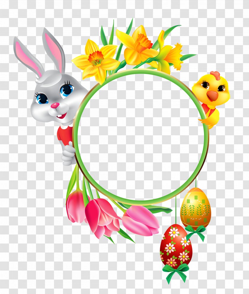 Easter Bunny Egg Clip Art - Flower - And Chicken With Round Frame Transparent Clipart Transparent PNG