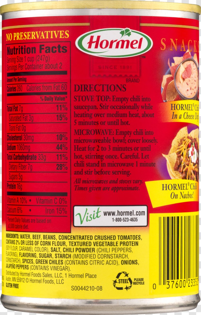 Chili Con Carne Nutrition Facts Label Bean Hormel Wolf Brand - Tomato Transparent PNG
