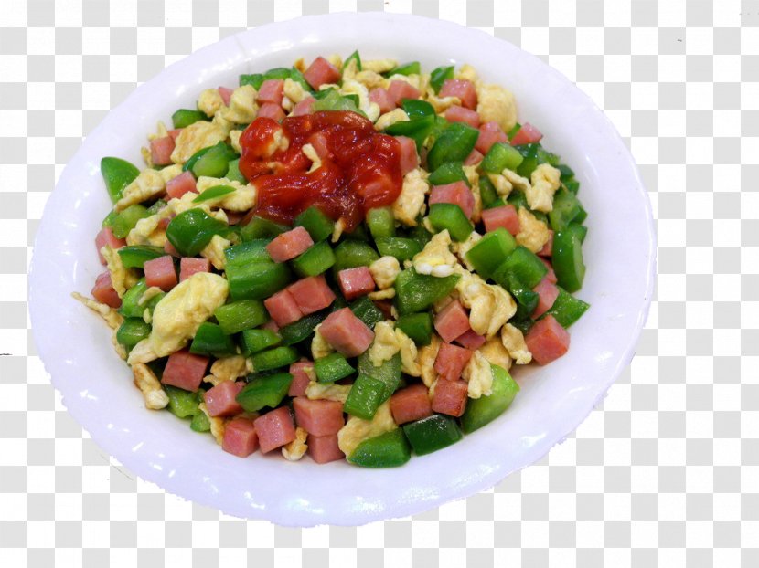 Israeli Salad Scrambled Eggs Omelette Ham Vegetarian Cuisine - Succotash - Ham, Green Pepper Transparent PNG