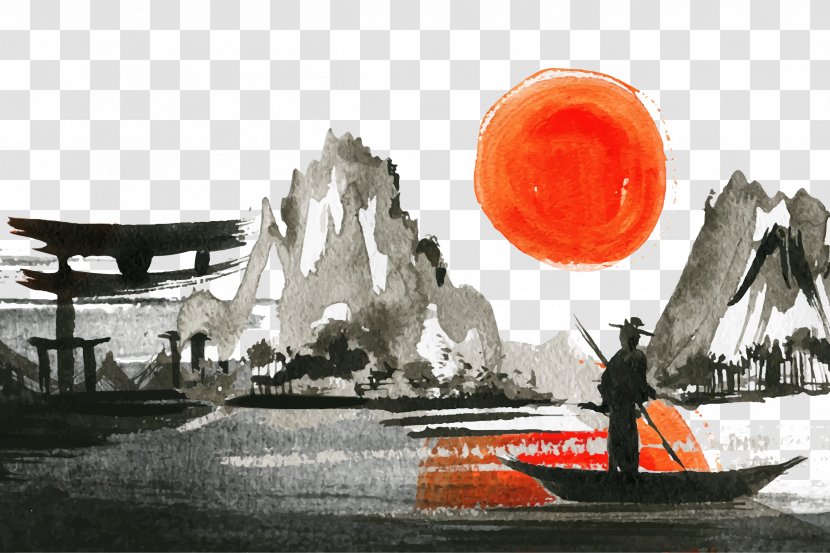 Japanese Landscape Sunset Watercolor Painting - Gratis - China Wind Sunrise Transparent PNG