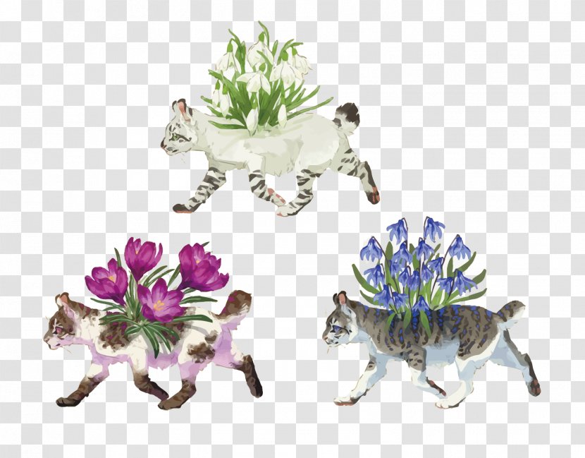 Cat Floral Design - Vector Kitten And Flowers Transparent PNG