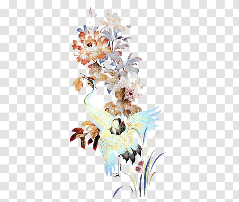 Red-crowned Crane Floral Design Gongbi - Flower Bouquet Transparent PNG