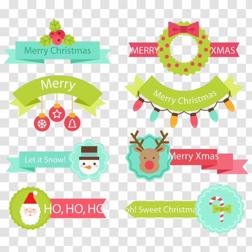 Santa Claus Christmas Ribbon Label Clip Art - Gift - Flat Vector Transparent PNG