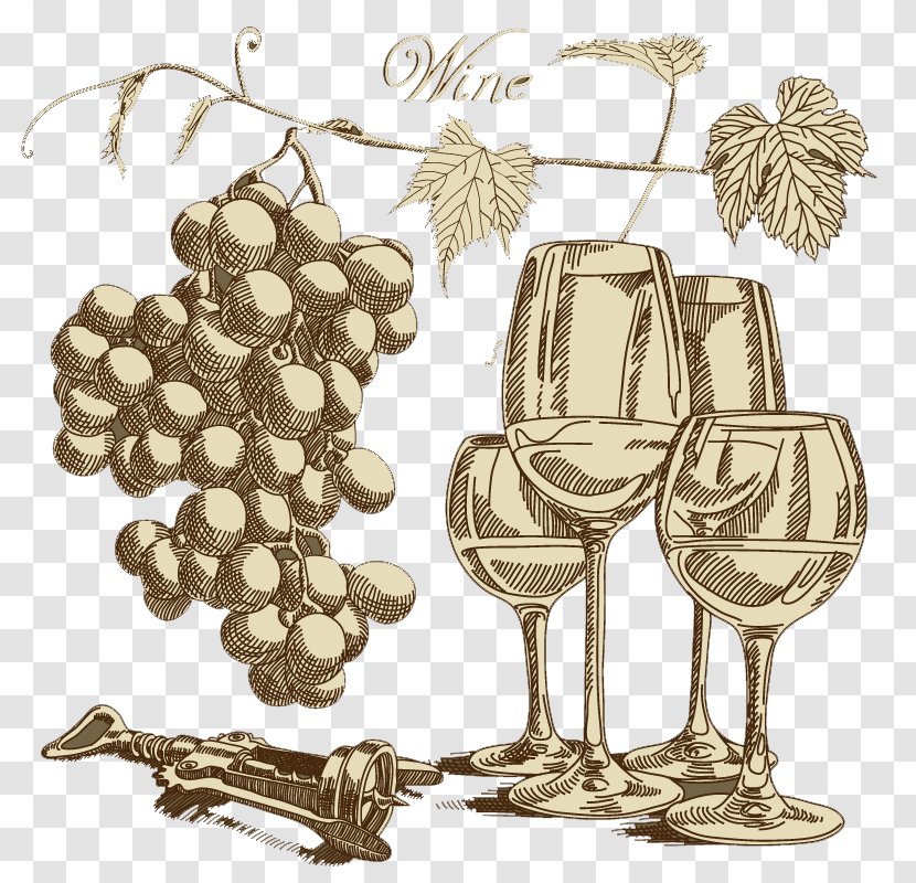 Wine Glass Grape - Retro Vintage Hand-painted Background Vector Material Transparent PNG