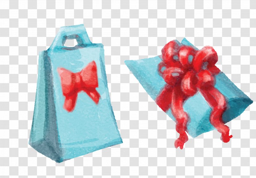 Christmas Gift Watercolor Painting - Drawing - Vector Blue Hand Painted Bowknot Bag Transparent PNG