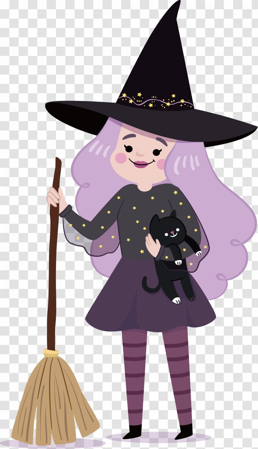 Black Cat Illustration - Violet - The Beautiful Witch Holding Transparent PNG