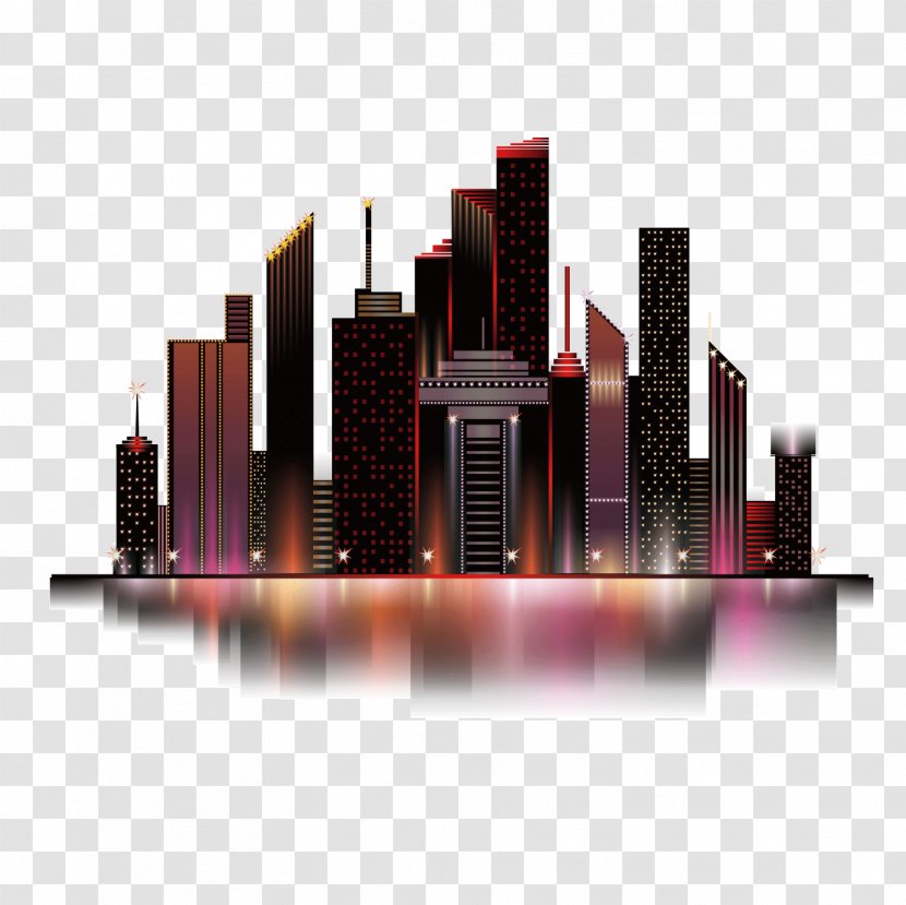 Vector Red Reflections Colorful Buildings Urban Night Sky - City - Product Design Transparent PNG