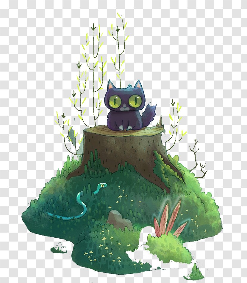 Tree Character Animal Fiction Illustration - Fictional - Kitten Standing On The Stump Transparent PNG