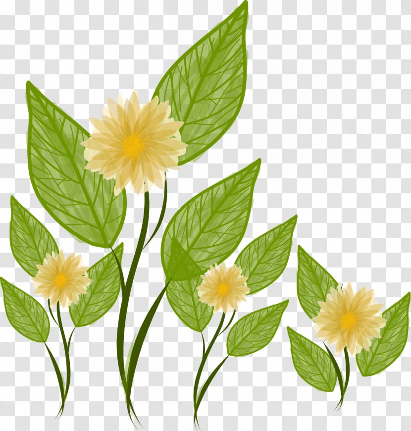 Flower Landscape Yellow - Nature - Hand-painted Flowers And Green Leaves Vector Transparent PNG