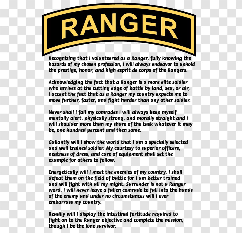 Ranger School Creed United States Army Rangers 75th Regiment - Oath Transparent PNG