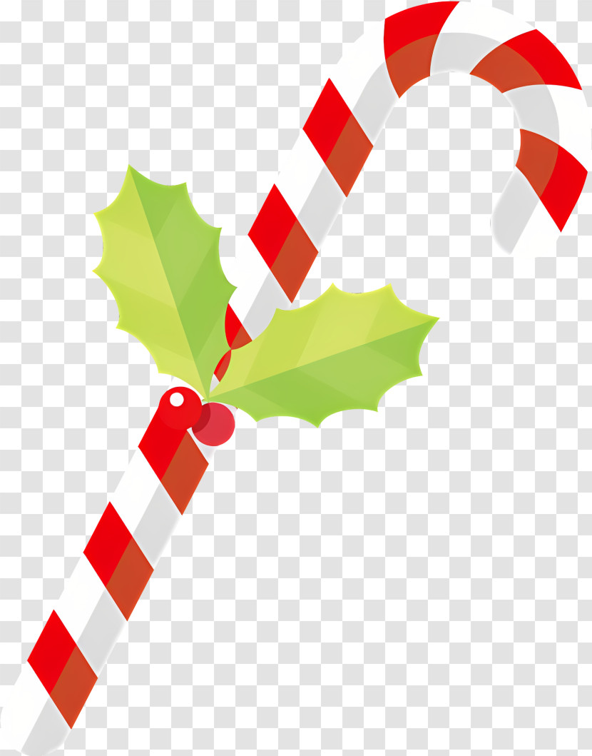 Candy Cane - Candy Cane With Holly Leaves And Berries Transparent PNG