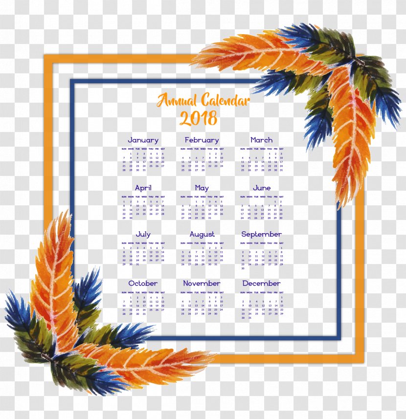 Calendar Icon - Orange Blue Feather Decoration Template Transparent PNG