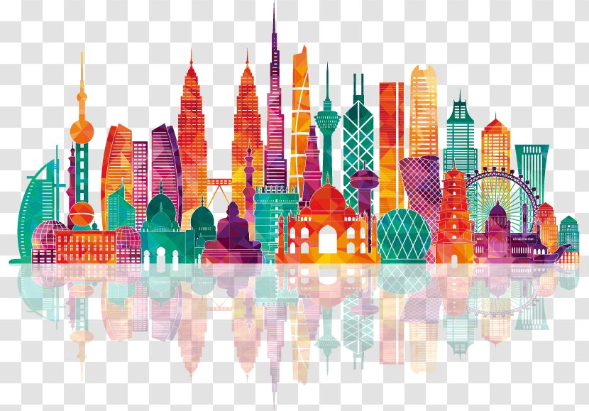 Asia Royalty-free Vector Map Illustration - Graphic Arts - Colorful City Building Silhouettes Transparent PNG