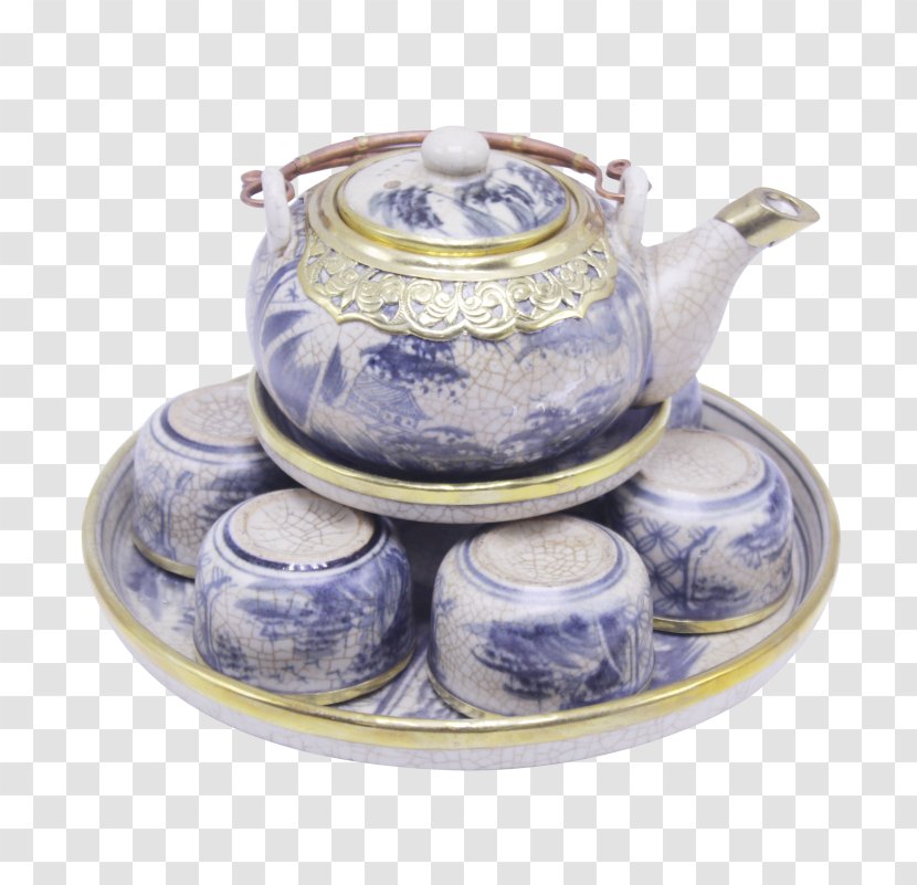 Saucer Ceramic Blue And White Pottery Kettle Teapot - Serveware Transparent PNG