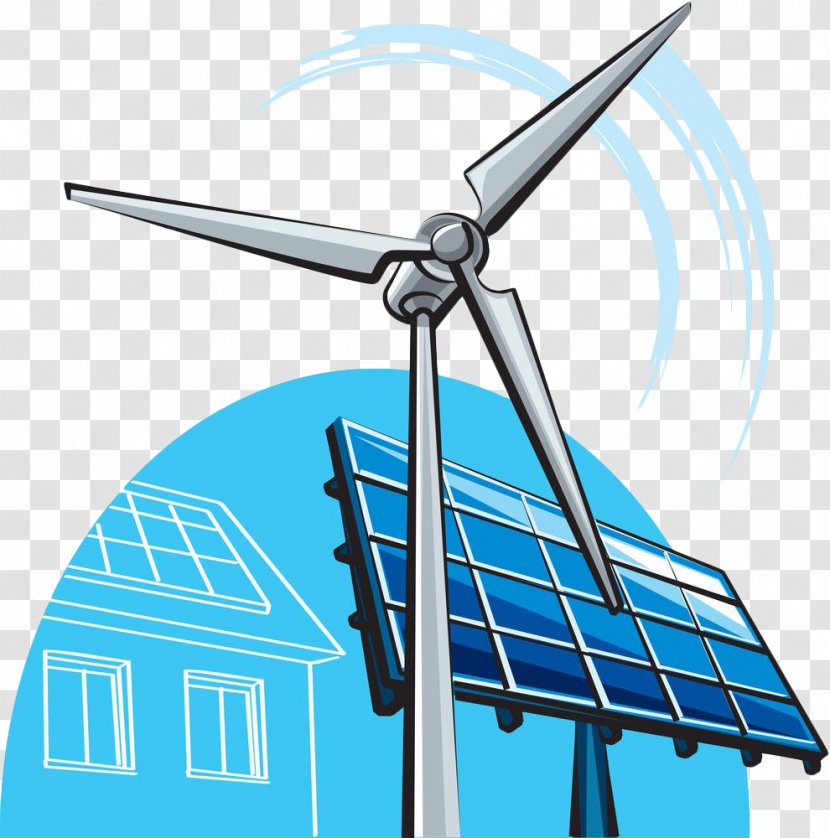 Solar Power Panel Energy Wind Drawing - Windmill - Hand Painted Blue Transparent PNG
