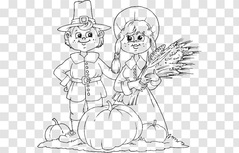 Coloring Book Child Pilgrims Autumn Thanksgiving Day - Silhouette Transparent PNG