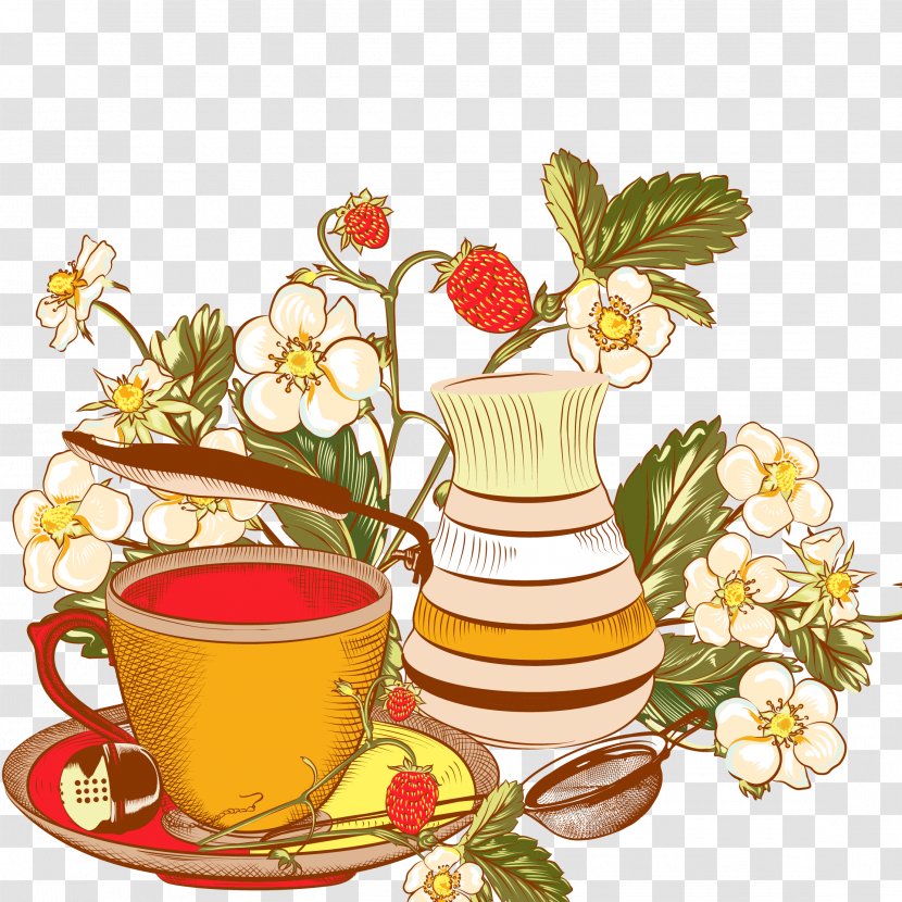 Teacup Coffee Cafe - Floral Design - Vector Free Cutting Plant Transparent PNG