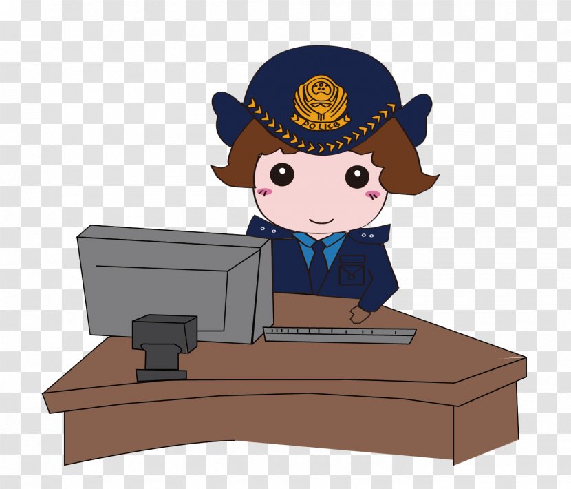 Cartoon Police Officer Chinese Public Security Bureau Illustration - Sitting In Front Of The Computer Special Transparent PNG