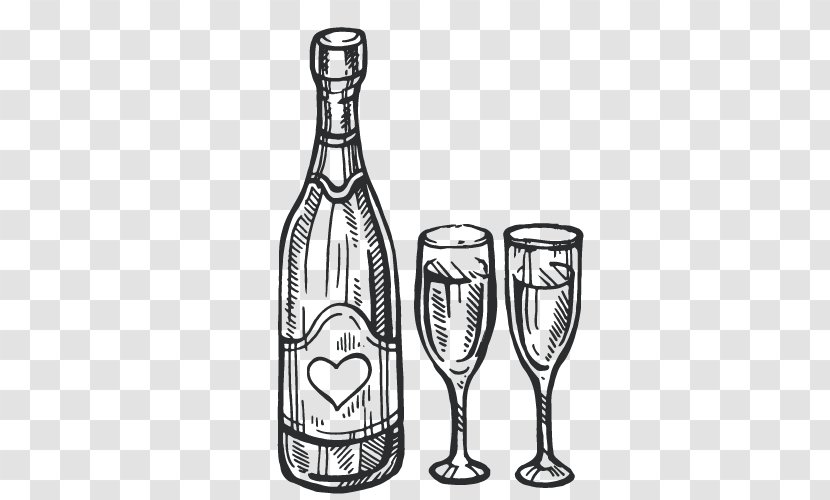 Champagne Glass Bottle Drawing Wine - Black And White Transparent PNG