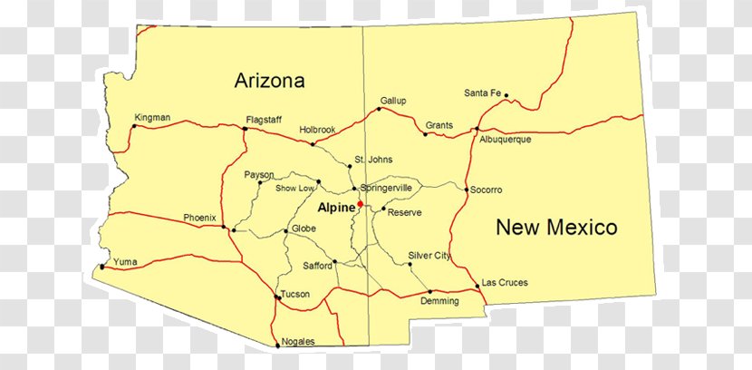 Arizona / New Mexico Map Alpine Flagstaff - Road - Mountains And River Transparent PNG