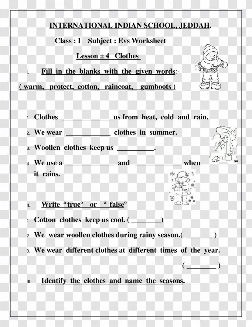 Worksheet Clothing Class First Grade Lesson - Cartoon - 1 Transparent PNG