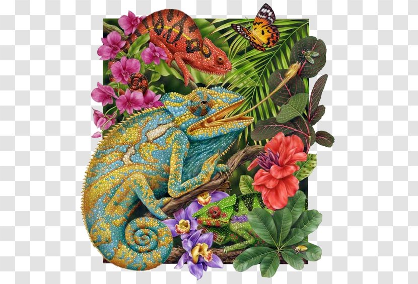 Cartoon Nature Background - Printmaking - Morning Glory Chameleon Transparent PNG