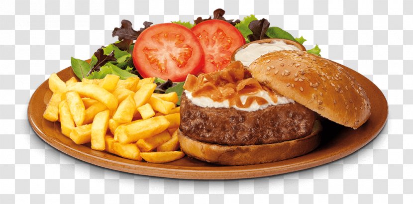 French Fries Cheeseburger Hamburger Full Breakfast Foster's Hollywood - Junk Food - Green Onion Transparent PNG