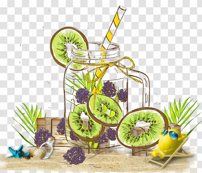 Tea Juice Fruit Food Drink - Hand Painted Kiwi Mulberry Lemon Beach Background Transparent PNG