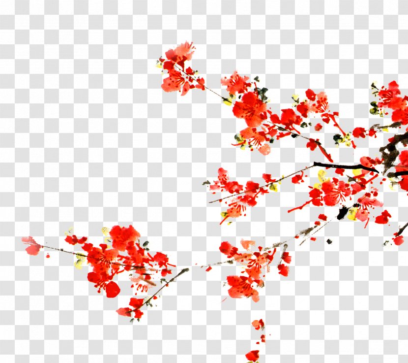 Ink Wash Painting Plum Blossom Brush - Red Transparent PNG