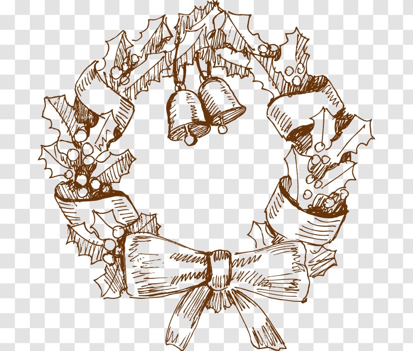 Christmas Drawing Illustration - Stocking - Hand Drawn Sketch Bow Bell Wreath Transparent PNG