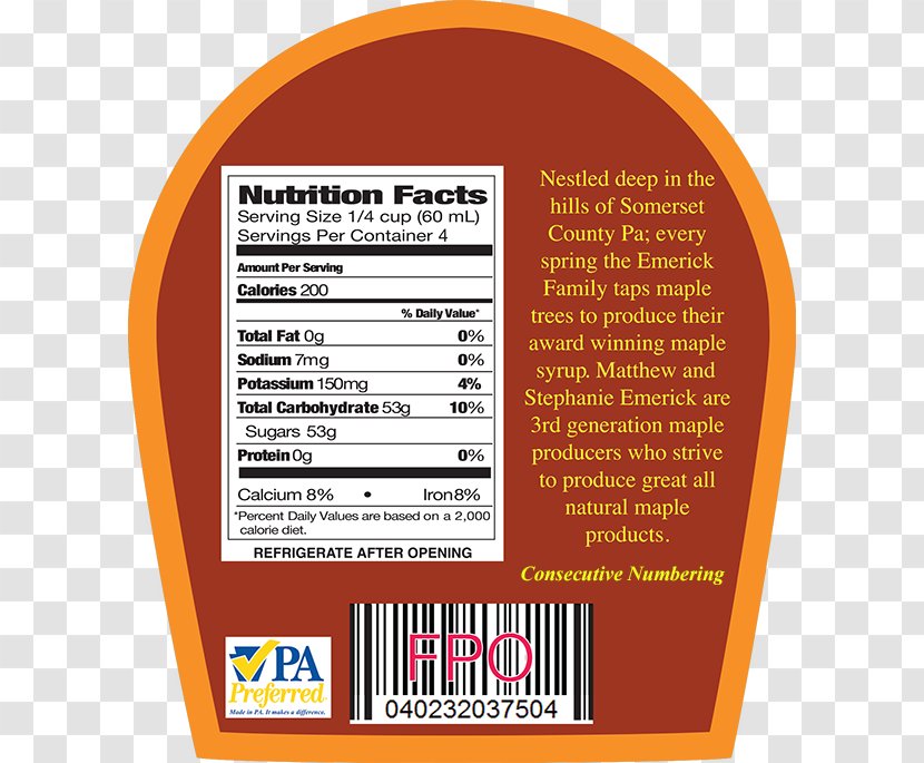 Nutrition Facts Label Maple Syrup Food - Barrel Transparent PNG