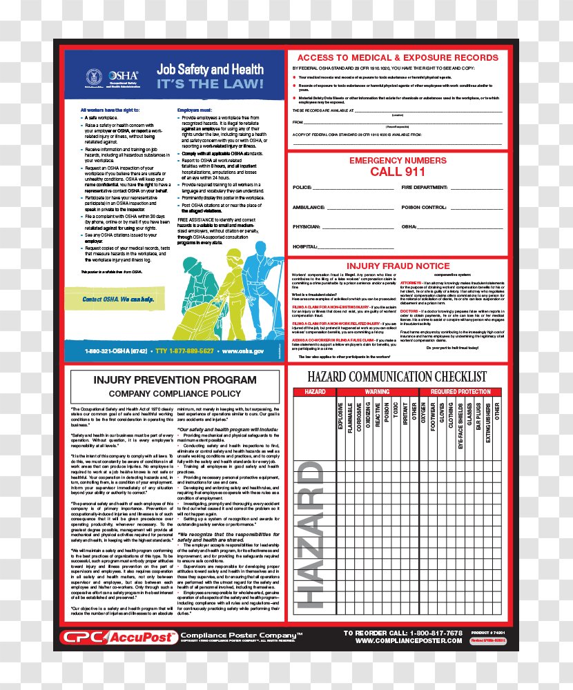 Occupational Safety And Health Administration Poster United States Labor Law Federal Government Of The - Regulation Transparent PNG
