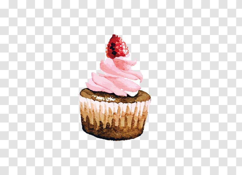 Cupcake Strawberry Cream Cake Birthday - Watercolor Hand Painted Transparent PNG