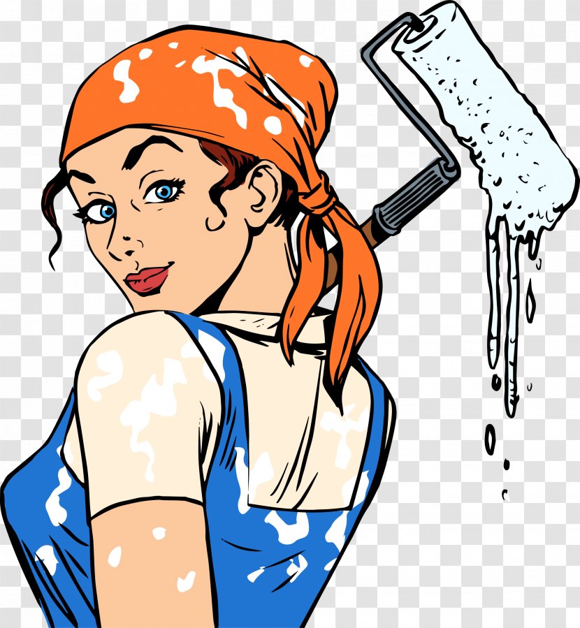 Painting House Painter And Decorator Profession Illustration - Flower - Take A Woman With Whitewash Tool Transparent PNG