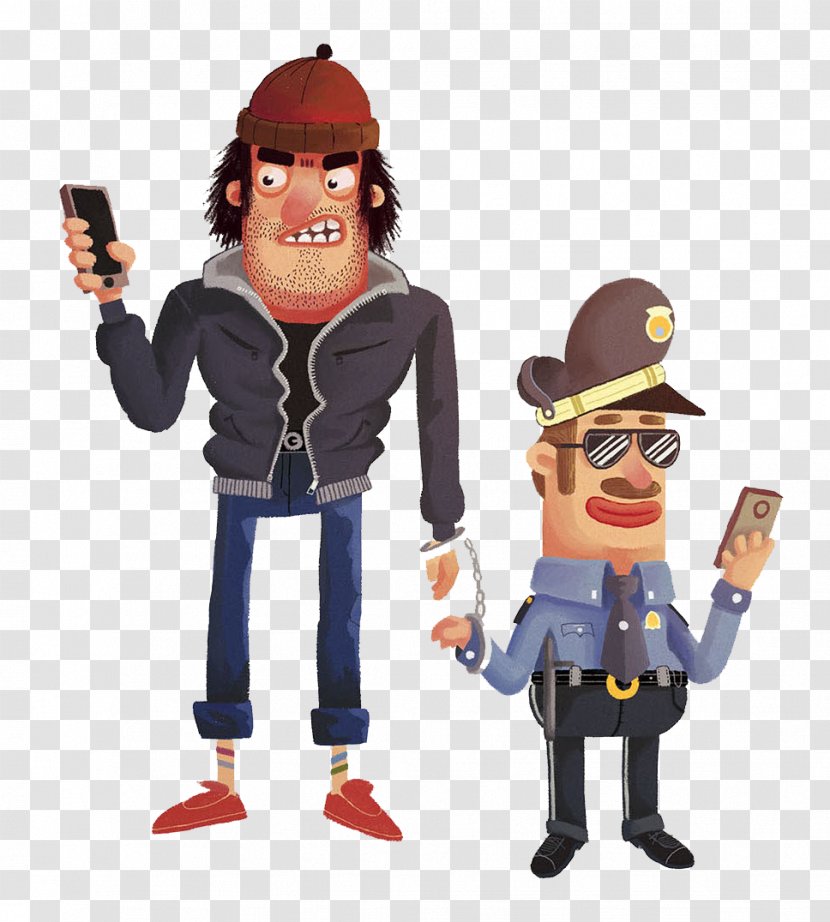 Police Officer Animation Cartoon - Hand-painted Villains Holding A Cell Phone And The Investigation Transparent PNG