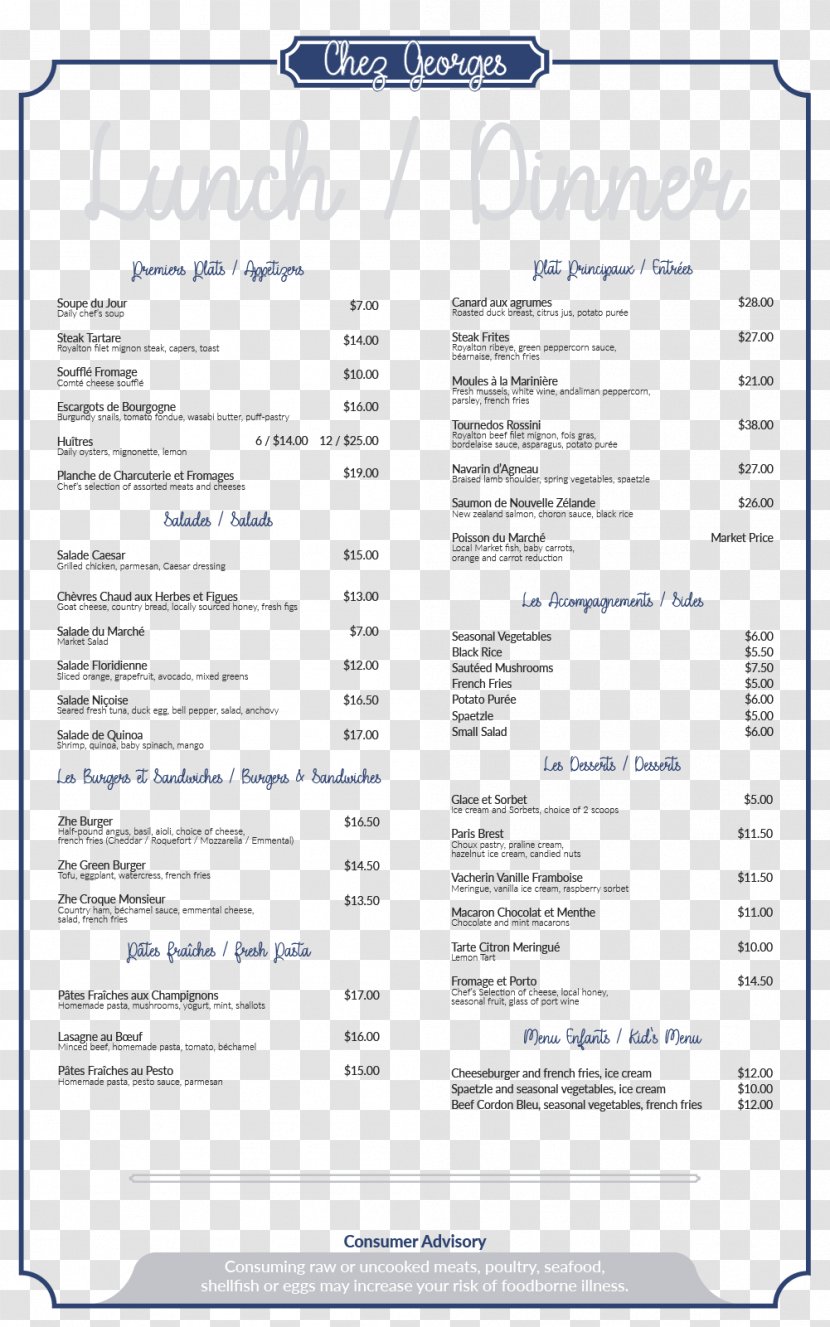 Restaurant Menu Chez Georges Chef Dinner - A In French Transparent PNG