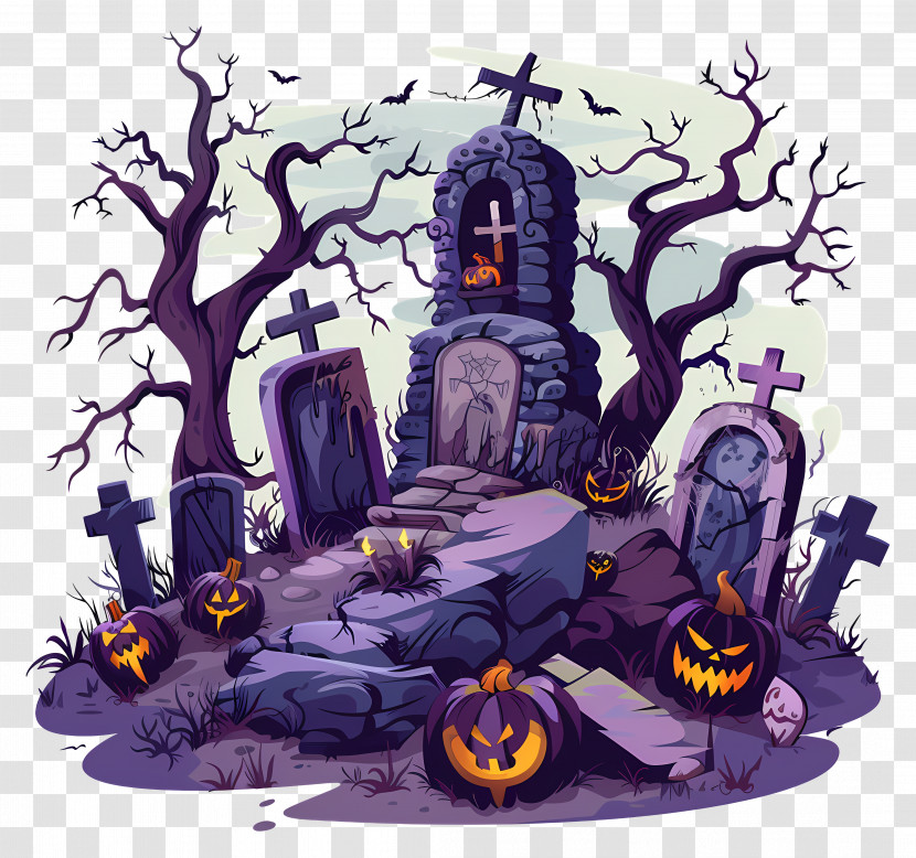 Halloween Graveyard - Spooky Graveyard With Pumpkins And Decorations Transparent PNG