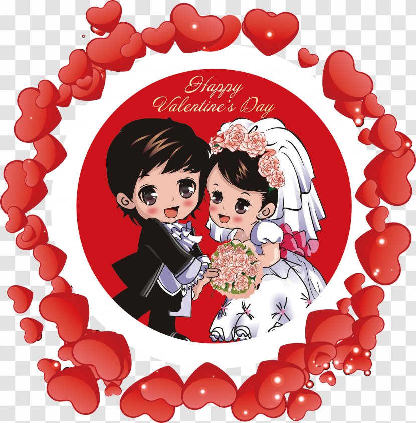 Heart Valentines Day Cartoon Bride - Watercolor - And Groom Heart-shaped Packaging Vector Transparent PNG