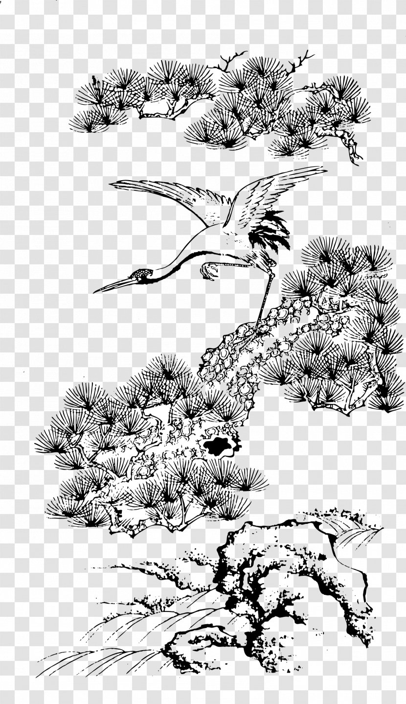 Crane Graphic Design Chinese Painting - Black And White - Bai Yun On Transparent PNG