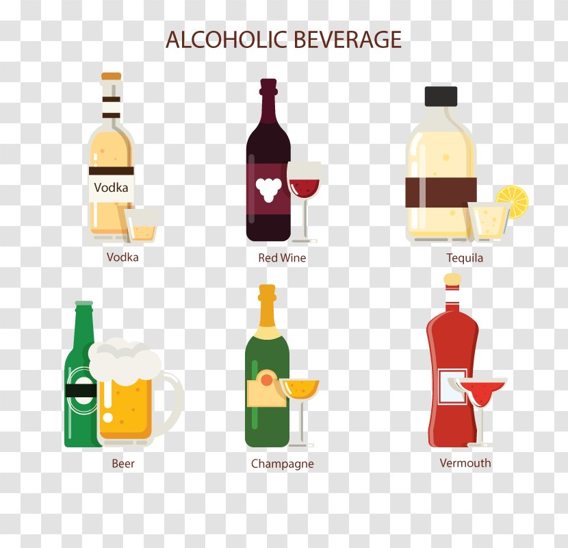 Vodka Champagne Wine Beer Tequila - Alcoholic Drink - Vector Transparent PNG