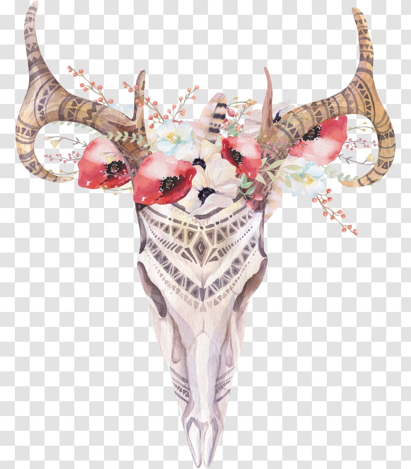Stock Illustration Cattle Cow's Skull: Red, White, And Blue Watercolor Painting - Skull - Flower Sketch Png Deer Transparent PNG