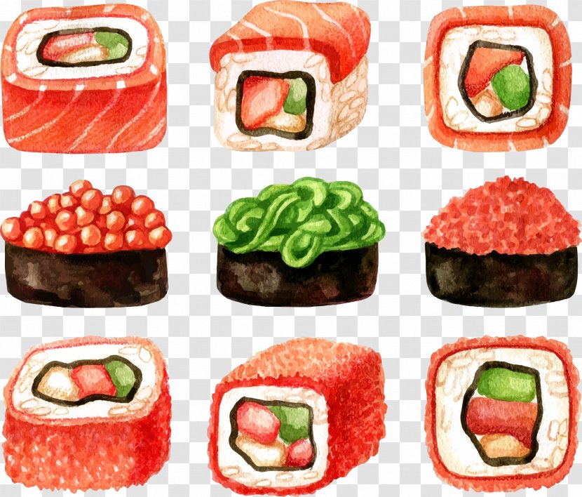 Sushi Japanese Cuisine Sashimi Illustration - Watercolor Painting - Vector Color Hand-painted Transparent PNG