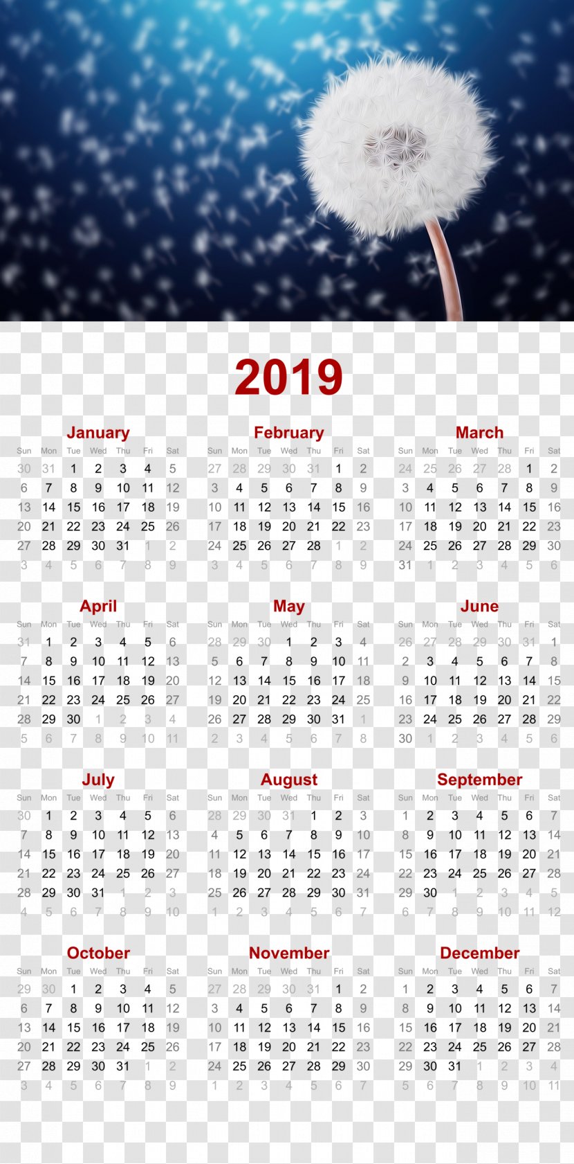2019 Printable Calendar - Dandelion Nature Design.Others Transparent PNG