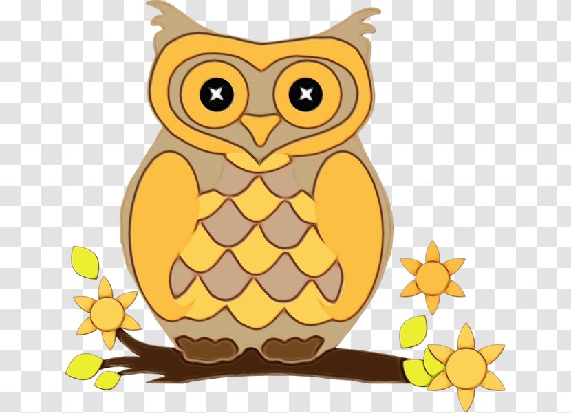 Owl Yellow Cartoon Clip Art Bird Of Prey - Wet Ink - Branch Transparent PNG